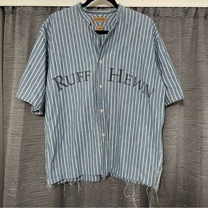 Vintage Denim Striped Cropped Baseball Button Shirt Ruff Hewn Logo Distressed L